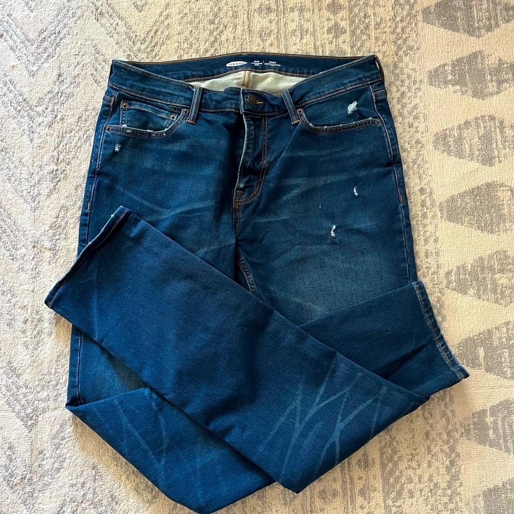 Old Navy Men’s Distressed Slim Fit Dark Denim Jeans, NWOT
